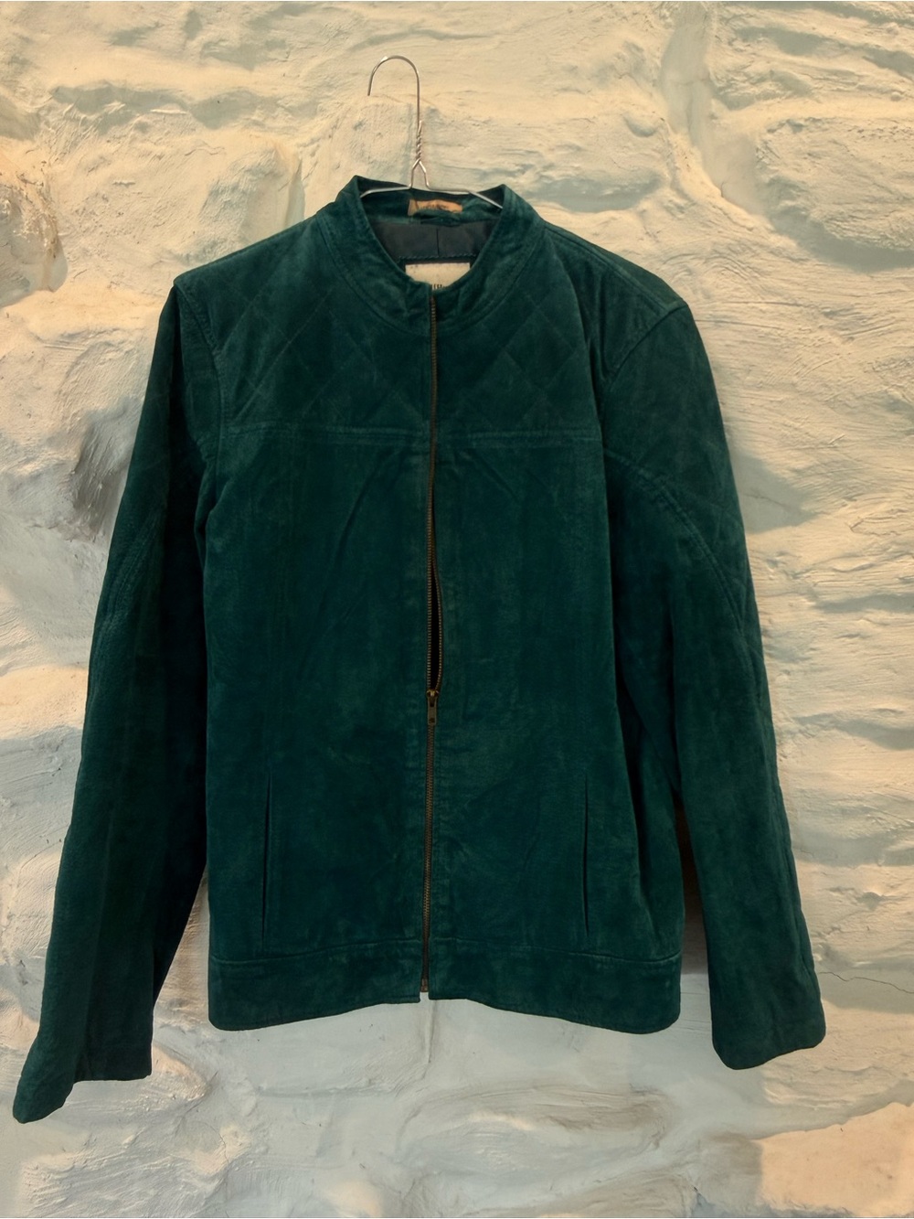 Women’s Ruff Hewn Aqua Green Suede Leather Zip Jacket Sz Large Quilted Shoulder